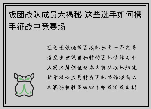 饭团战队成员大揭秘 这些选手如何携手征战电竞赛场