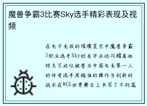魔兽争霸3比赛Sky选手精彩表现及视频